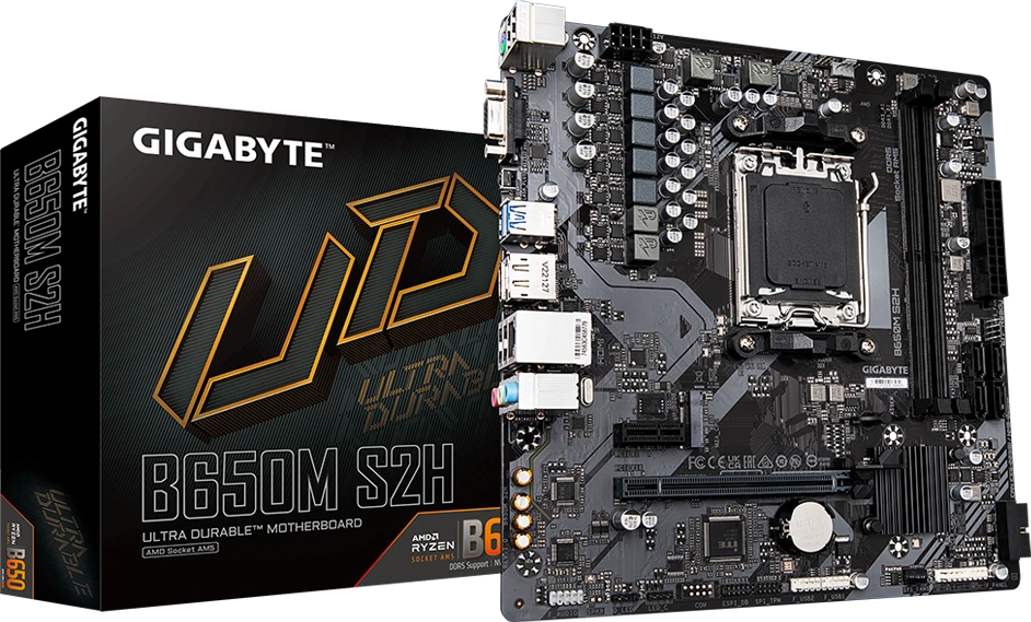 Pagrindinė plokštė „Gigabyte“ | B650M S2H 1.0 M/B | Procesorių šeima AMD | Procesoriaus lizdas AM5 | DDR5 DIMM | Atminties lizdai 2 | Palaikomos standžiojo disko sąsajos SATA | SATA jungčių skaičius 4 | Lustų rinkinys AMD B650 | Micro ATX