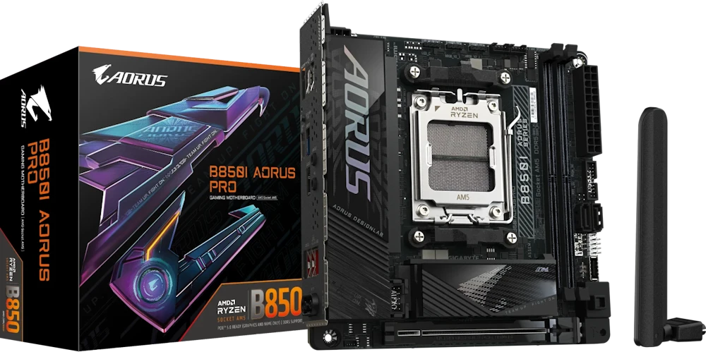 Pagrindinė plokštė Gigabyte B850I AORUS PRO | Procesorių šeima AMD | Procesoriaus lizdas AM5 | DDR5 | Palaikomos standžiojo disko sąsajos SATA, M.2 | SATA jungčių skaičius 2