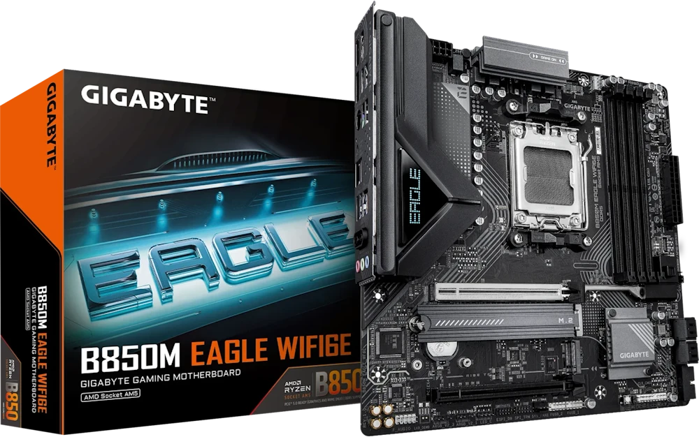 Pagrindinė plokštė „Gigabyte B850M EAGLE WF6E“ | Procesorių šeima AMD | Procesoriaus lizdas AM5 | DDR5 | Palaikomos kietojo disko sąsajos SATA, M.2 | SATA jungčių skaičius 4