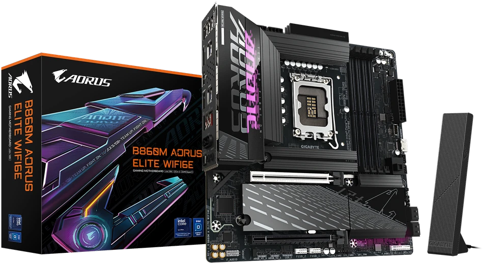 „GIGABYTE B860M AORUS ELITE WIFI6E“ pagrindinė plokštė – „Intel Core Ultra“ serijos procesoriai, 12+1+2+1 fazės VRM, iki 9200MHz DDR5, 1xPCIe 5.0 + 2xPCIe 4.0 M.2, 2.5GbE LAN, WIFI 6E, „Thunderbolt“