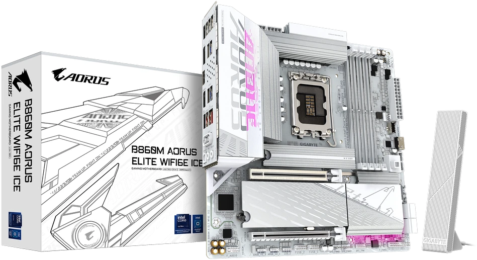 GIGABYTE B860M AORUS ELITE WF6E ICE pagrindinė plokštė – Intel Core Ultra serijos procesoriai, 12+1+2+1 fazių VRM, iki 9200MHz DDR5, 1xPCIe 5.0 + 2xPCIe 4.0 M.2, 2.5GbE 4E, USB