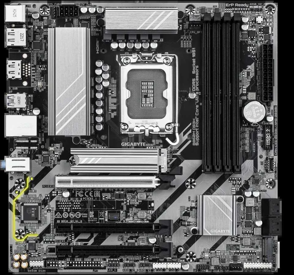 GIGABYTE B860M DS3H pagrindinė plokštė – Intel Core Ultra serijos procesoriai, 5+1+2+1 fazių VRM, iki 9066MHz DDR5, 1xPCIe 5.0 + 1xPCIe 4.0 M.2, 2.5GbE LAN, USB 3.2 Gen2