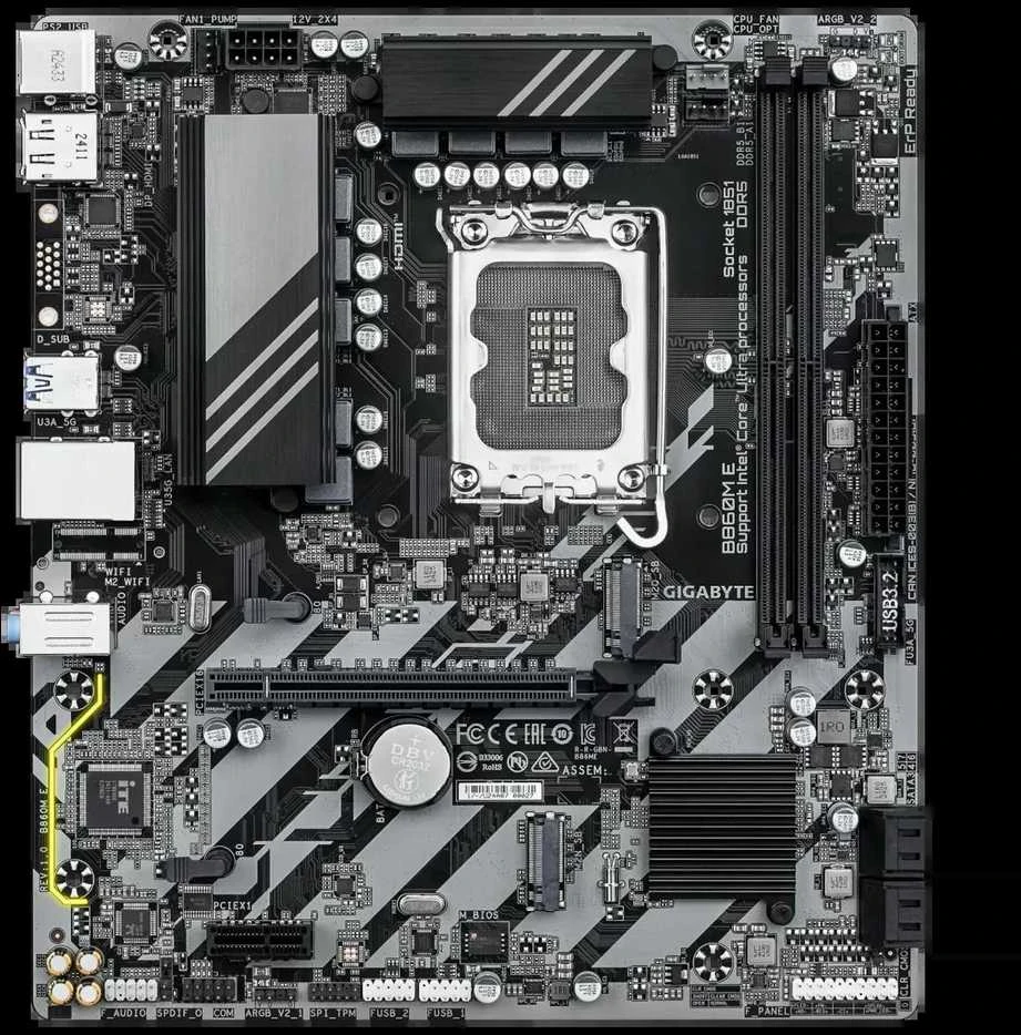 Pagrindinė plokštė „Gigabyte B860M E“ | Procesorių šeima „Intel“ | Procesoriaus lizdas LGA1851 | DDR5 | Palaikomos standžiojo disko sąsajos SATA, M.2 | SATA jungčių skaičius: 4