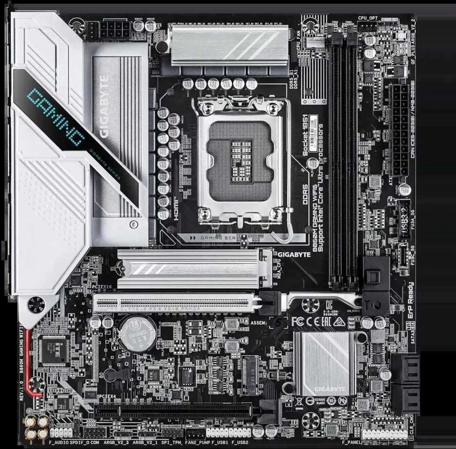 Pagrindinė plokštė Gigabyte B860M GAMING WIFI6 | Procesorių šeima Intel | Procesoriaus lizdas LGA1851 | DDR5 | Palaikomos standžiojo disko sąsajos M.2, SATA | SATA jungčių skaičius 4