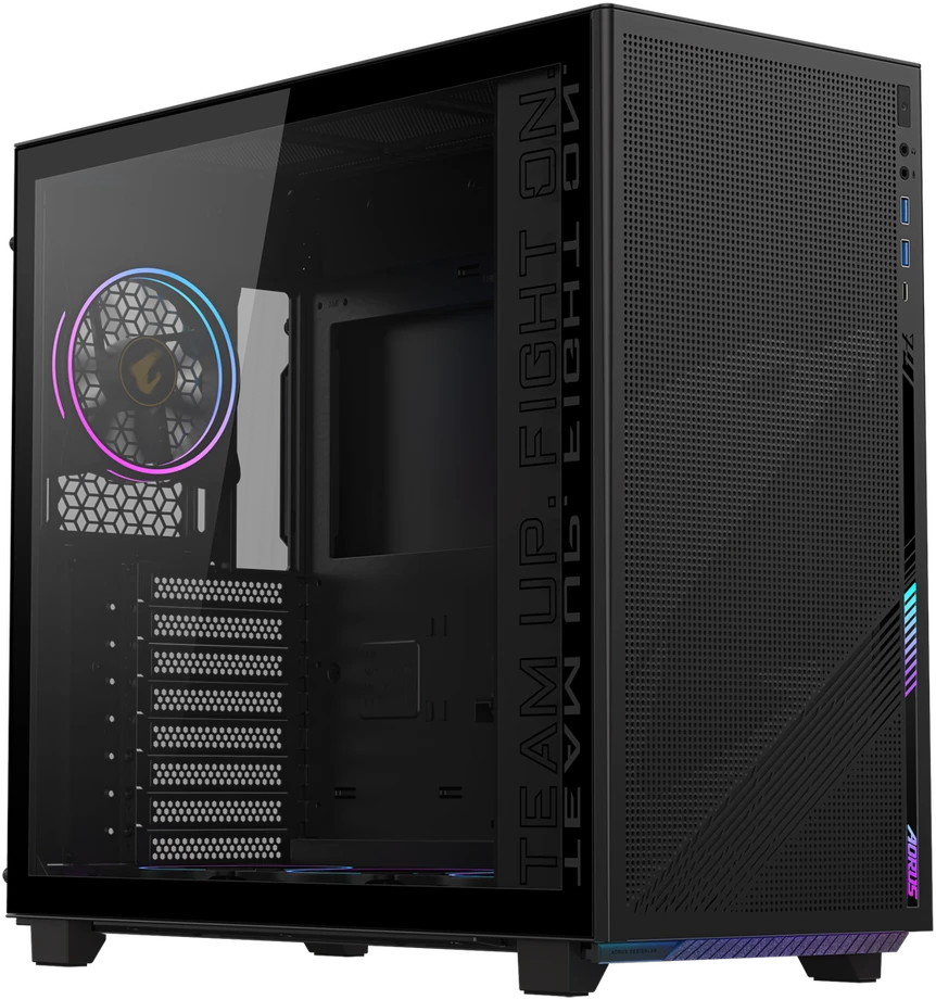 „GIGABYTE AC400G“ kompiuterio korpusas, pilno dydžio grūdinto stiklo šoninis skydelis su 2xUSB 3.0 iš anksto įdiegtais, 4 ARGB ir PWM ventiliatoriais, ATX/M-ATX/Mini-ITX