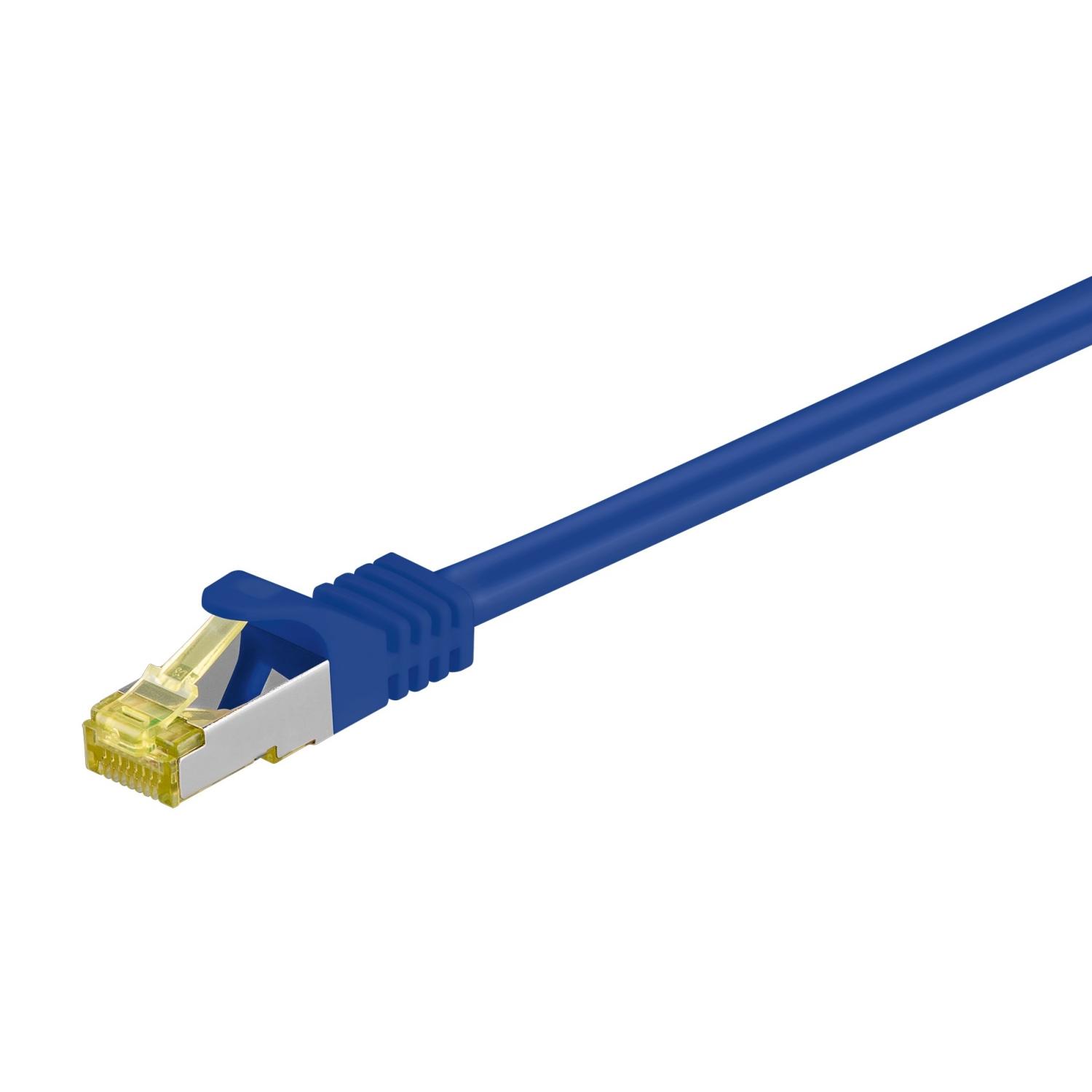 Goobay 0,25 m RJ45 pataisinis kabelis CAT 6A S/FTP (PiMF), 500 MHz, su CAT 7 neapdorotu kabeliu, mėlynas LSZH, be halogenų, varinis