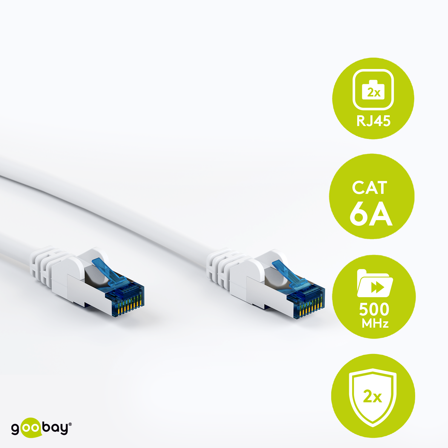 Goobay 15m RJ45 pataisinis kabelis CAT 6A S/FTP (PiMF), 500 MHz, su CAT 7 neapdorotu kabeliu, baltas LSZH be halogenų, varinis
