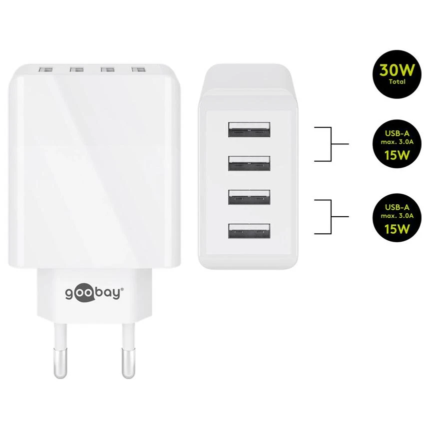 „Goobay 44962“ 30 W USB-A daugiaportinis įkroviklis, baltas