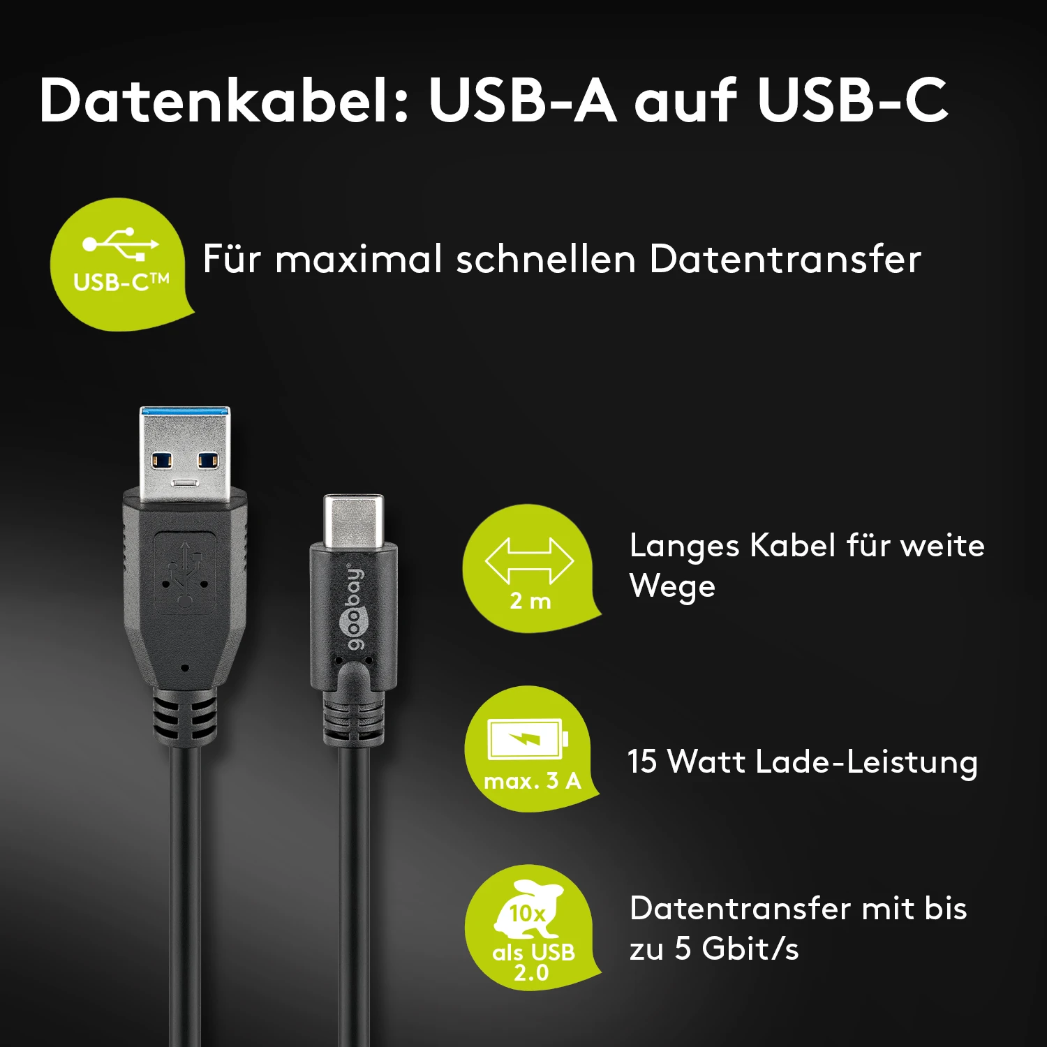 Goobay 71221 USB-C į USB A 3.0 laidas, juodas, 2m | Goobay | USB-C į USB-A USB-C kištukas | USB 3.0 kištukas (A tipas)