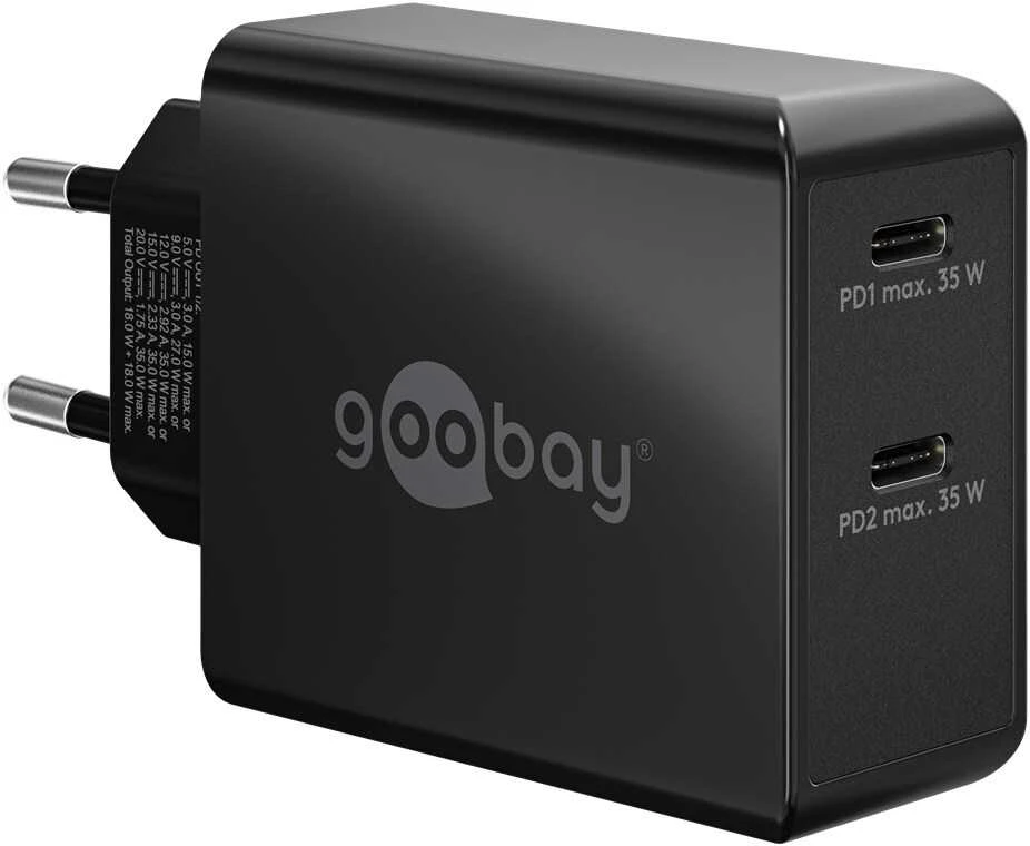 Įkroviklis jungiama į tinklą 2x USB-C 36W PD Goobay Juoda