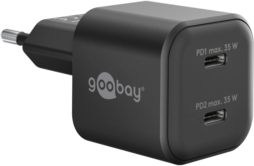 Goobay Dvigubas USB-C™ PD GaN Nano greitasis įkroviklis (35 W), juodas – juodos spalvos versija