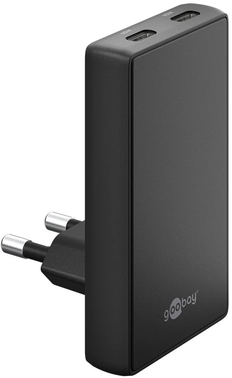 Goobay įkroviklis dvigubas USB-C PD GaN greitas įkroviklis 90 plokščias (65W) juodas