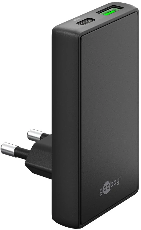 Goobay įkroviklis dvigubas USB-C PD GaN greitas įkroviklis 90 plokščias (65W) juodas