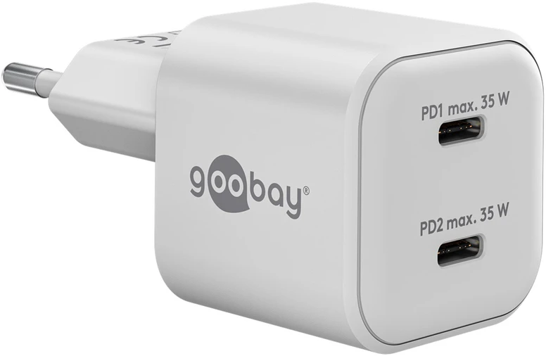 Įkroviklis Goobay Dual Fast įkrovimo stotelė USB-C™ PD GaN Nano (35 W) balta - Spalvota versija balta