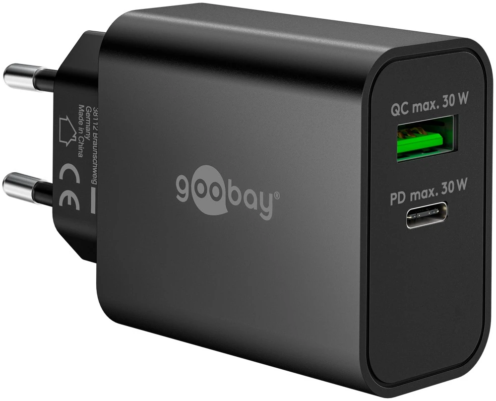Goobay Dvigubas USB-C™ PD GaN greitasis įkroviklis (30 W), juodas – juodos spalvos versija