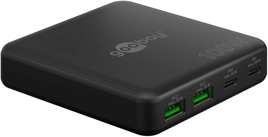 Goobay USB-C™ PD GaN daugiaprievadis stalinis įkroviklis (100 W), juodas – spalvota versija, juoda