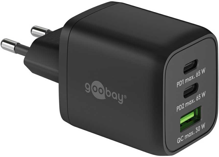„Goobay 64753“ 65 W USB-C PD GaN daugiaportinis greitasis įkroviklis, Nano, Juodas