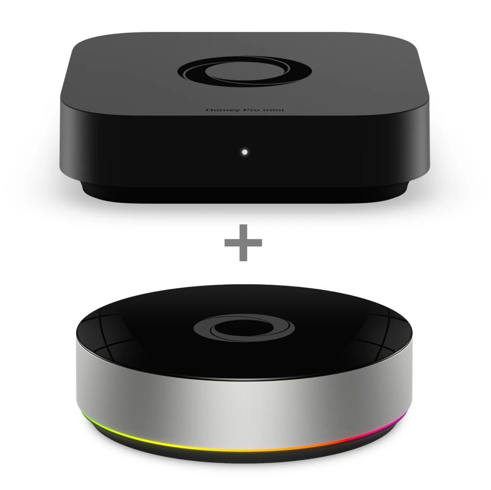 „Homey Pro mini“ ir „Homey Bridge“ – juodos spalvos su matiniu paviršiumi, „Zigbee“, „Thread“ ir LAN / per „Homey Bridge“ taip pat „Zigbee“, „Z-Wave“, „Bluetooth“, 433 MHz ir infraraudonųjų spindulių