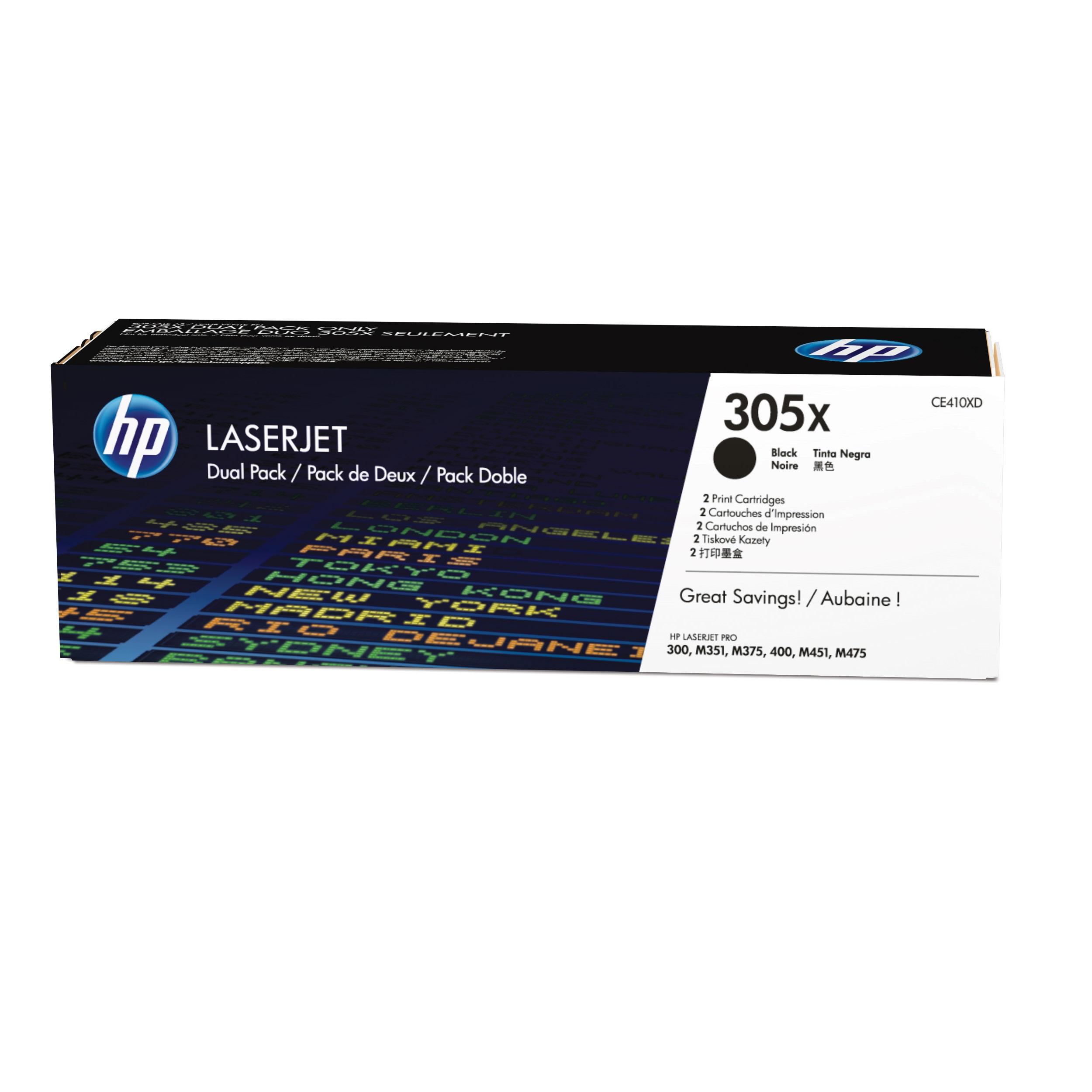 „Hewlett Packard“ (HP) HP 305X 2 didelės talpos juodos originalios „LaserJet“ tonerio kasetės (4000 puslapių viena kasetė)