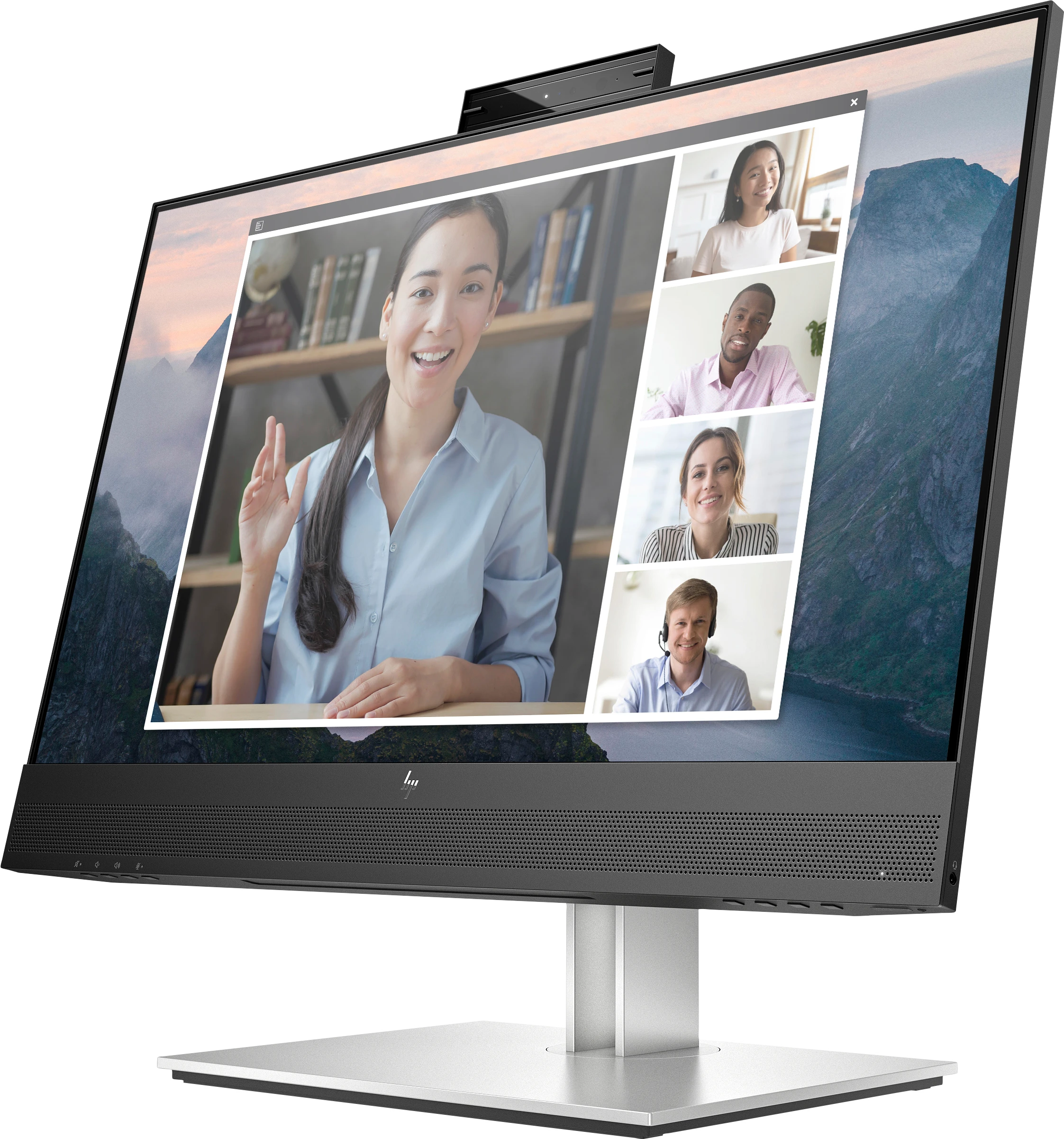 „Hewlett Packard (HP) HP E24mv G4 FHD“ konferencijų monitorius – 23,8 colio, 1920 x 1080 FHD, 250 nitų, 60 Hz, AG, IPS, HDMI/VGA/DisplayPort, 4 USB-A jungtys, garsiakalbiai, 5 MP internetinė kamera, reguliuojamo aukščio / pakreipimo / pasukimo / sukimosi funkcija, 3 metai
