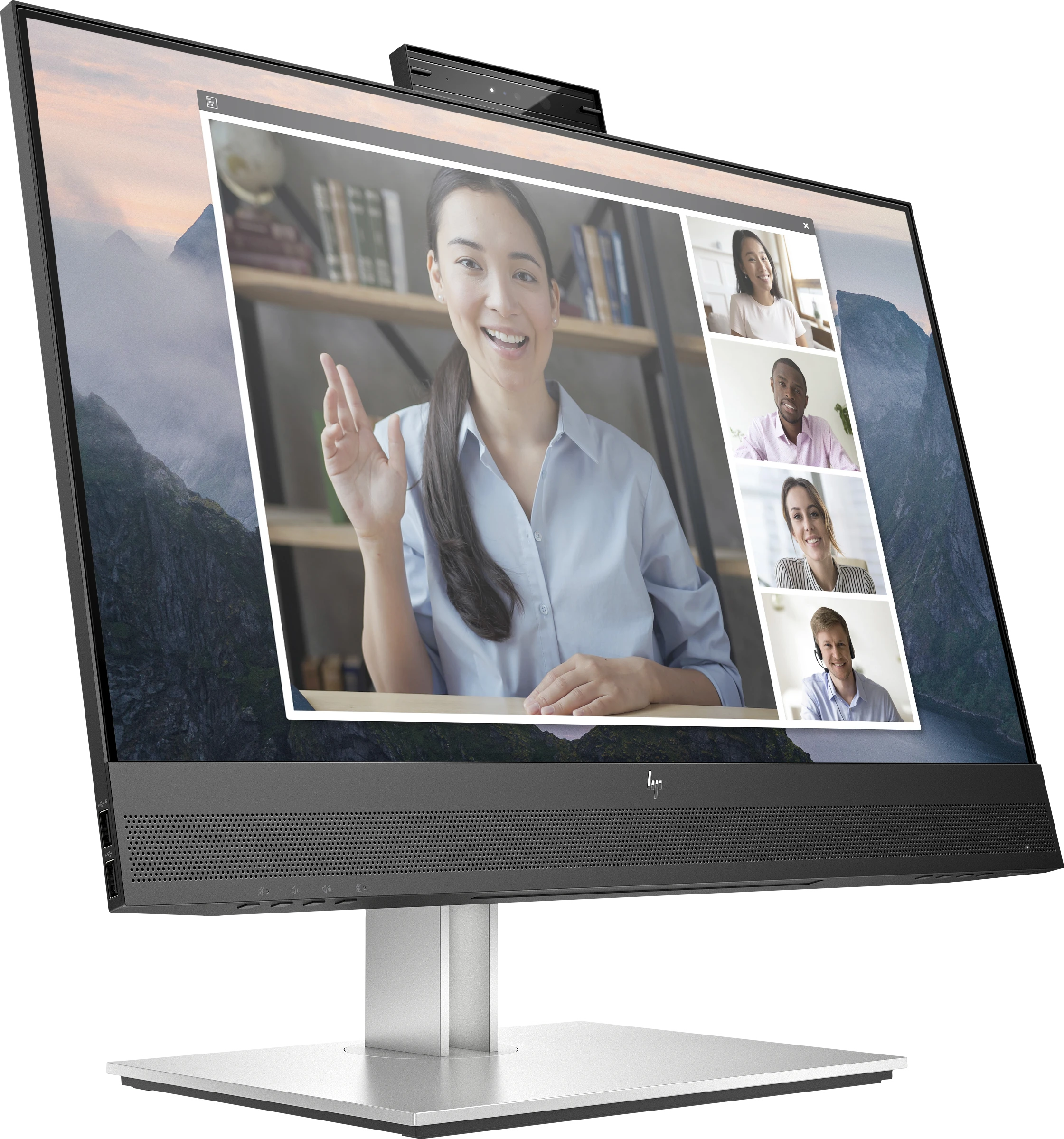 „Hewlett Packard (HP) HP E24mv G4 FHD“ konferencijų monitorius – 23,8 colio, 1920 x 1080 FHD, 250 nitų, 60 Hz, AG, IPS, HDMI/VGA/DisplayPort, 4 USB-A jungtys, garsiakalbiai, 5 MP internetinė kamera, reguliuojamo aukščio / pakreipimo / pasukimo / sukimosi funkcija, 3 metai
