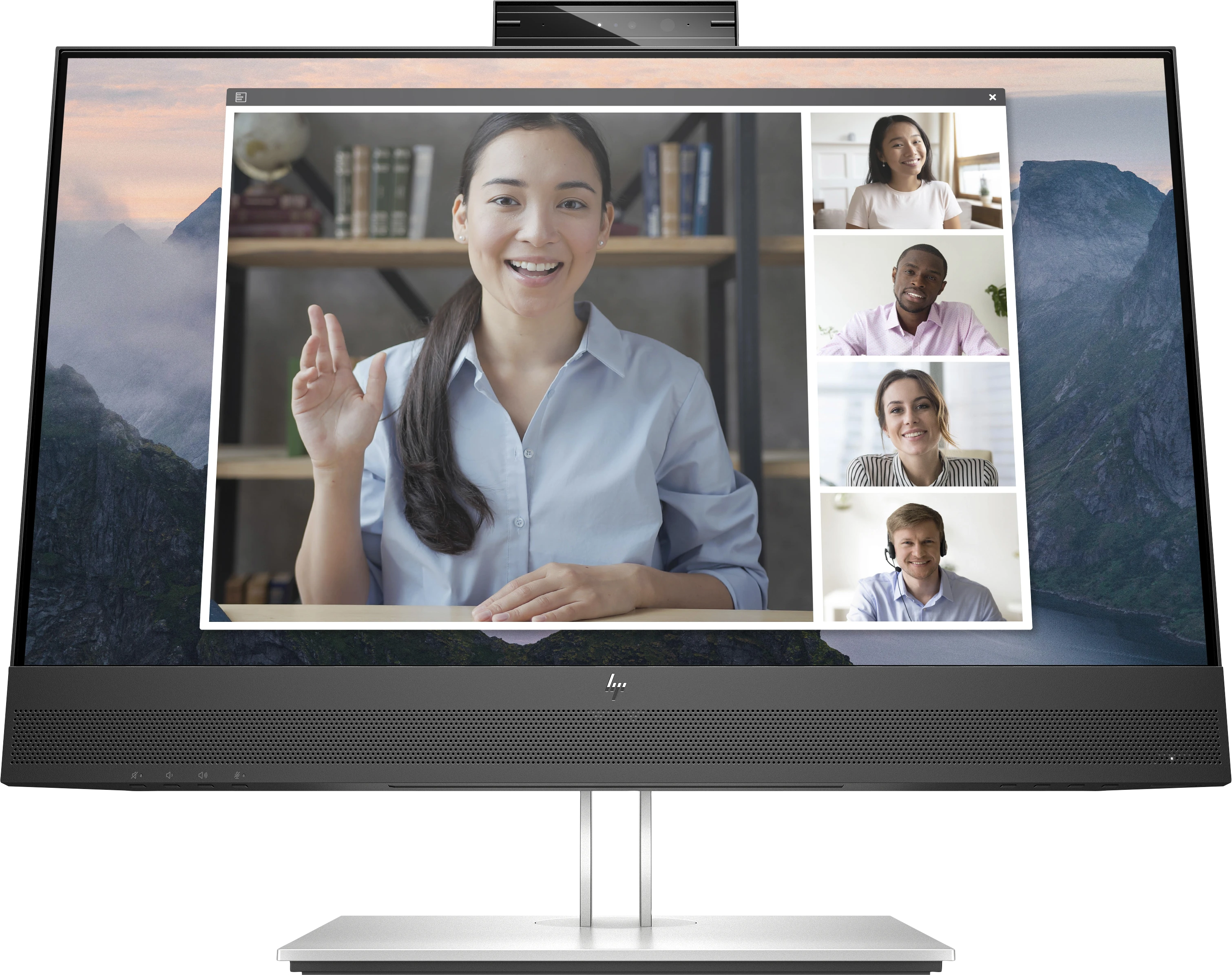 „Hewlett Packard (HP) HP E24mv G4 FHD“ konferencijų monitorius – 23,8 colio, 1920 x 1080 FHD, 250 nitų, 60 Hz, AG, IPS, HDMI/VGA/DisplayPort, 4 USB-A jungtys, garsiakalbiai, 5 MP internetinė kamera, reguliuojamo aukščio / pakreipimo / pasukimo / sukimosi funkcija, 3 metai
