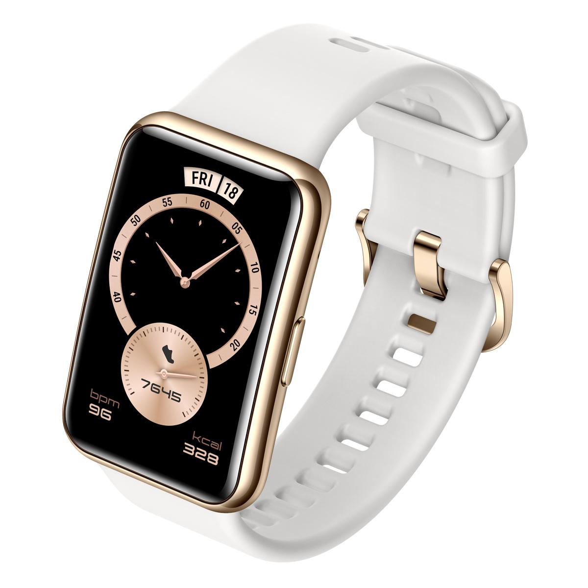 Išmanusis laikrodis Huawei Watch Fit ''Elegant Edition'', Auksinės spalvos  su baltos spalvos silikoniniu dirželiu | Varle.lt