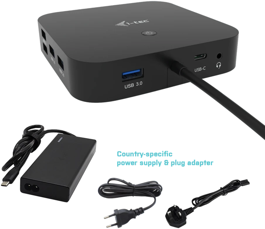 I-TEC USB-C Dual Ekranas MST DS 1x DP 1x HDMI 1x GLAN 3x USB 3.0 2xUSB 2.0 1xUSB-C-Datei 1xGarso / mikrofono lizdas 1x65W USB-C PD + įkroviklis 77W