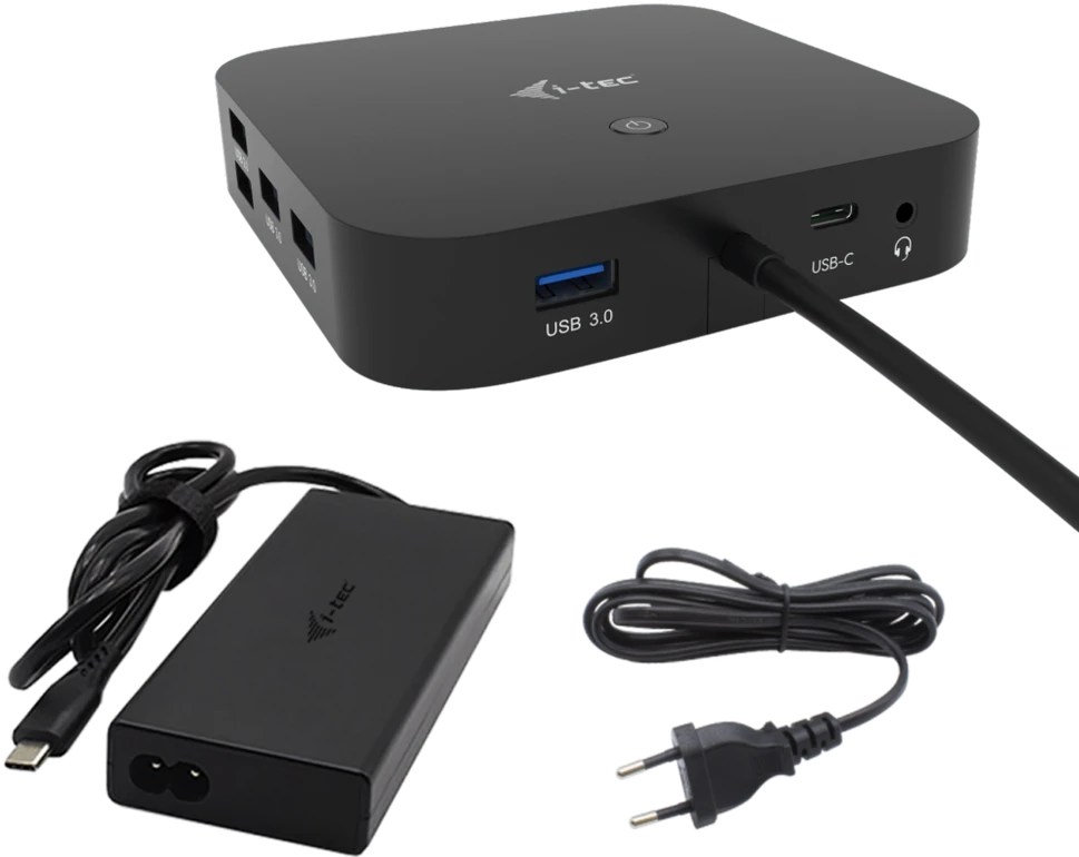 I-TEC USB-C HDMI dviejų DP prijungimo stotelė su maitinimo tiekimu 100 W + I-tec universalus įkroviklis 112 W