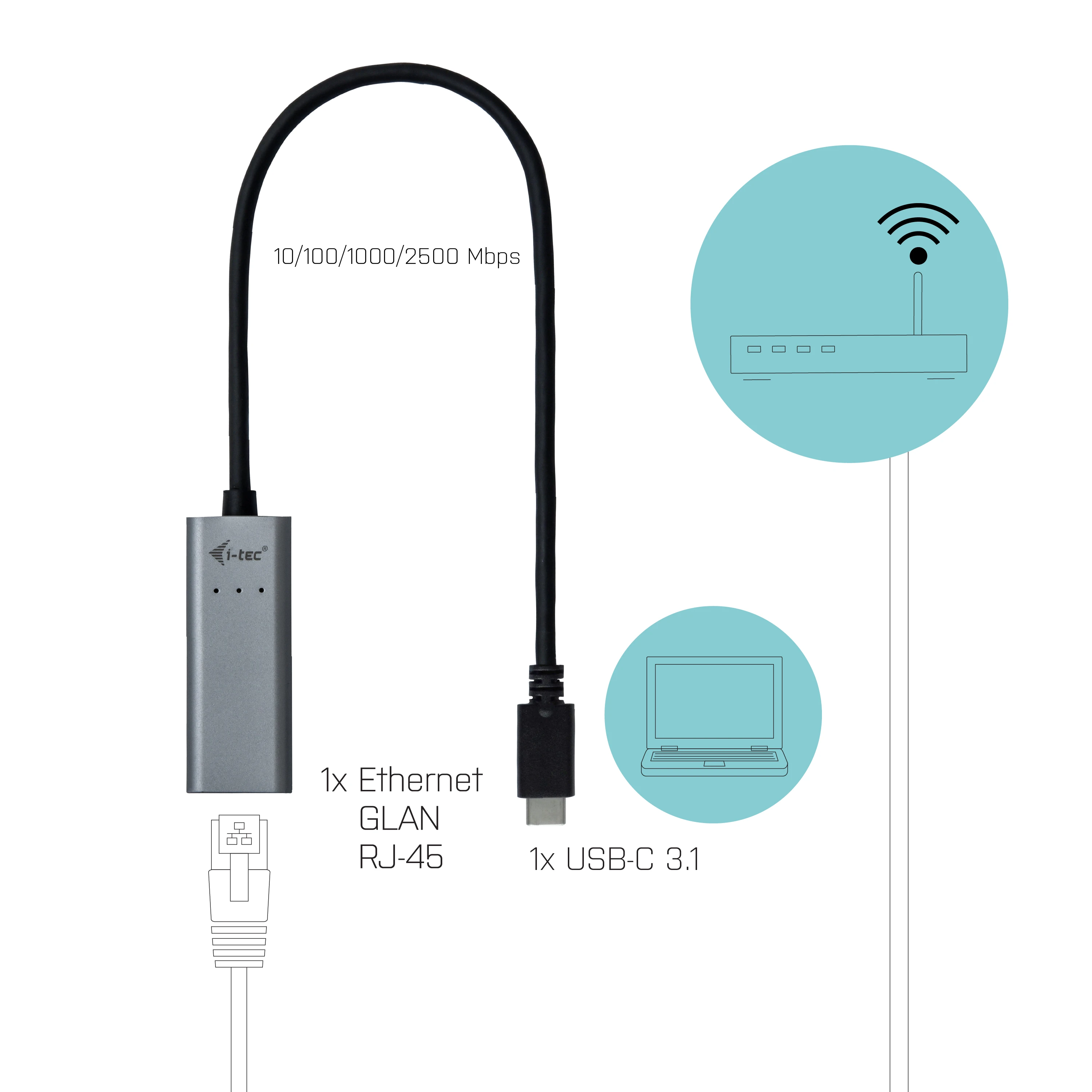 I-TEC USB-C metalinis 2,5 Gbps Ethernet adapteris 1x USB-C į RJ-45 LED suderinamas su Thunderbolt 3