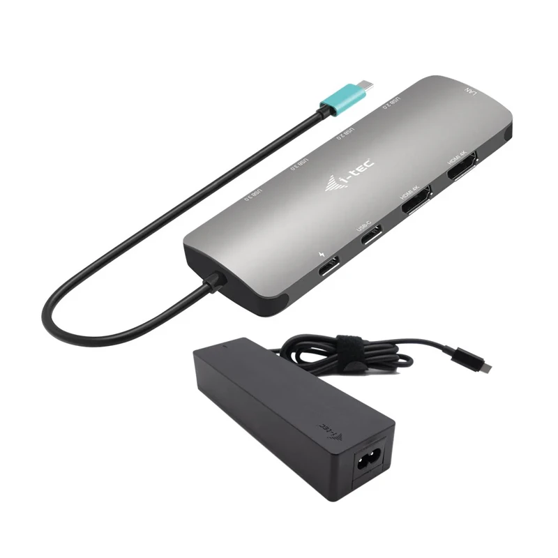 I-TEC USB-C metalinis nano dokas 2 x HDMI 1 x GLAN 2 x USB 3.2 2 x USB 2.0 1 x USB-C 3.2 Gen.1 duomenys 1 x USB-C 100 W PD + 100 W įkroviklis