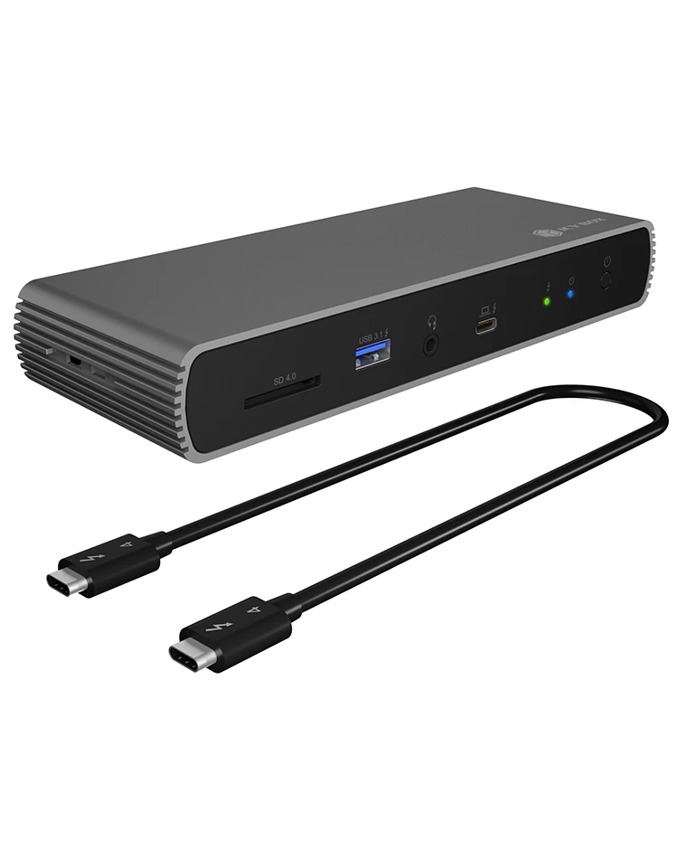„RaidSonic ICY BOX IB-DK8801-TB4“ „Thunderbolt 4 Type-C“ prijungimo stotelė su 2 „Thunderbolt 4“ ir 4 USB3.2 Gen 2 Type-A SD kortelėmis