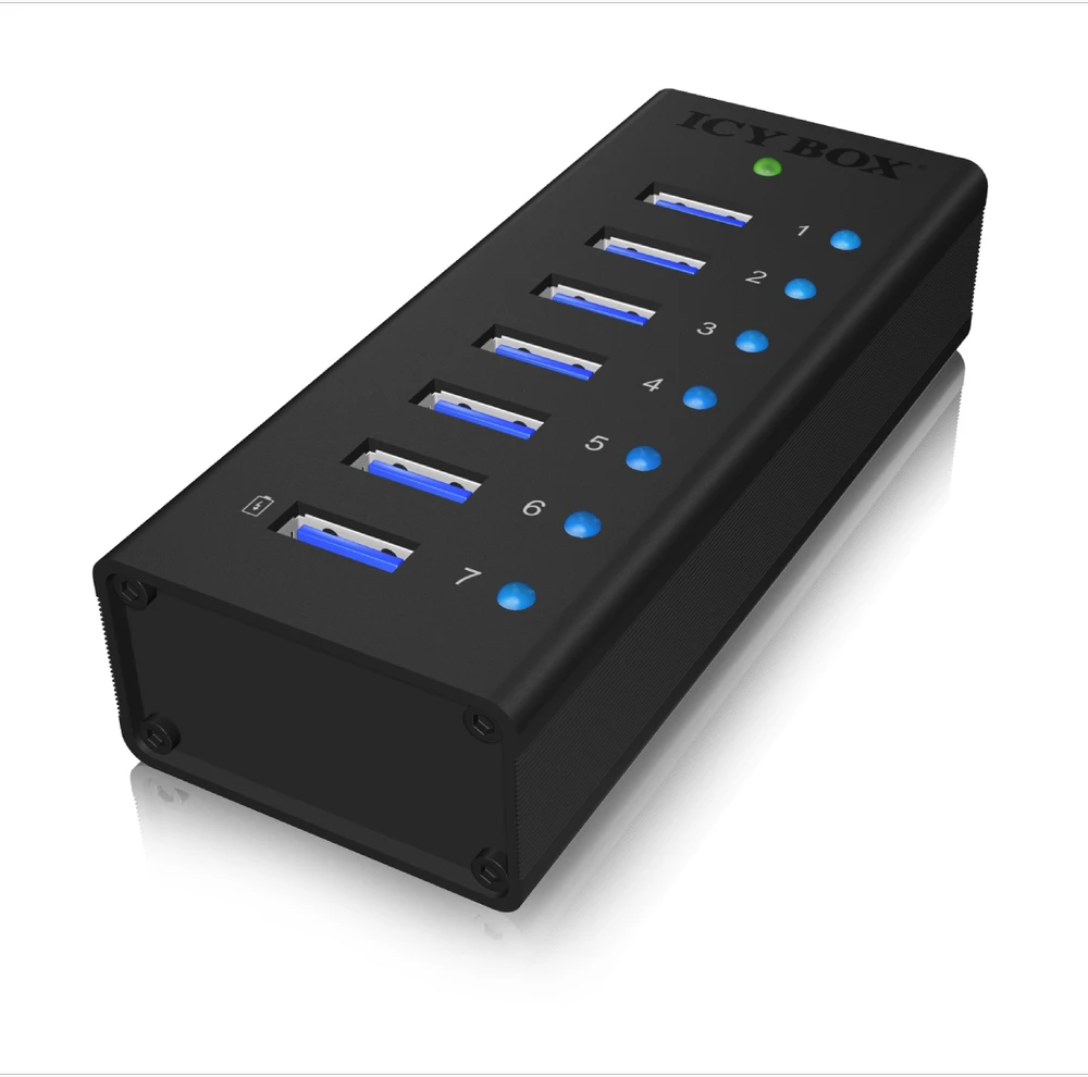 RaidSonic ICYBOX IB-AC618 Icy Box 7 x Port USB 3.0 Hub su USB įkrovimo prievadu, Juodas
