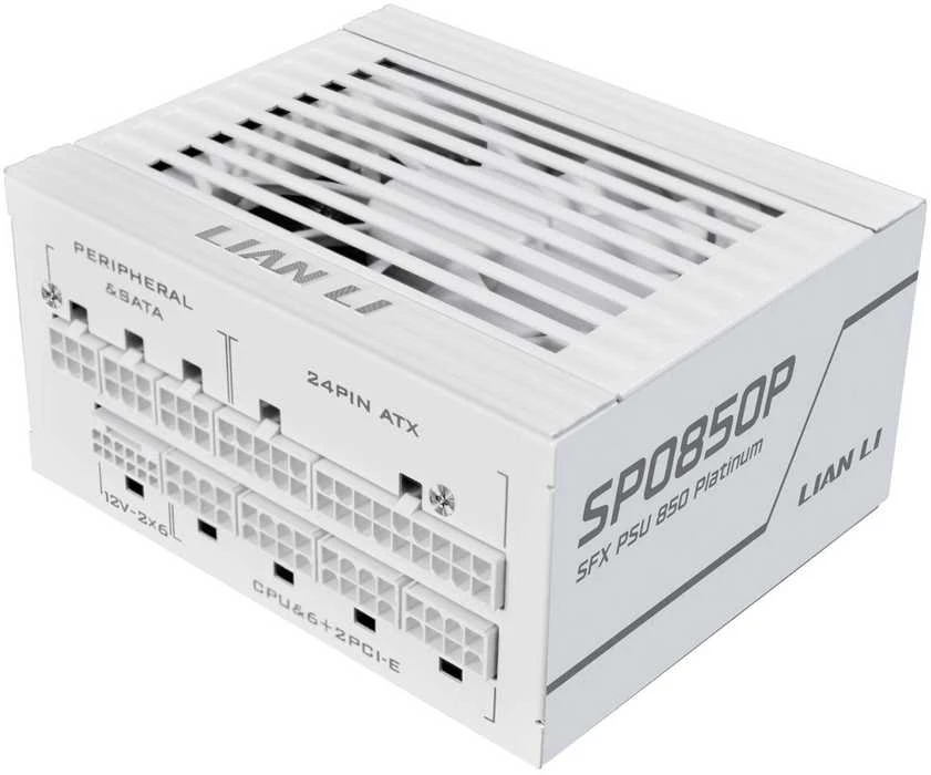 Lian Li SP serijos Platinum 80 PLUS Platinum maitinimo šaltinis, SFX, pilnai modulinis, PCIe 5.1, ATX 3.1 & 850 vatų, baltas