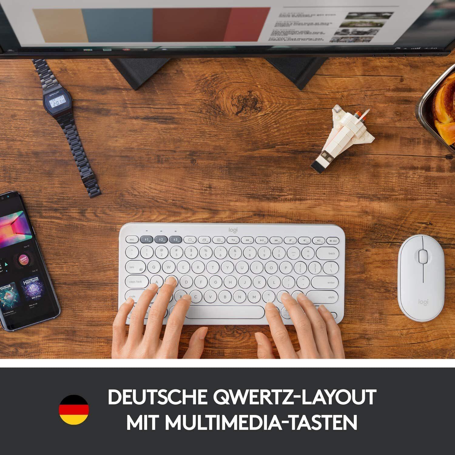Belaidė Multi-Device Bluetooth Klaviatūra Logitech K380, DE išdėstymas, Balta