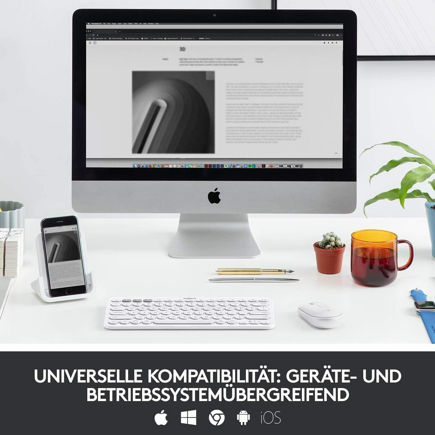 Belaidė Multi-Device Bluetooth Klaviatūra Logitech K380, DE išdėstymas, Balta