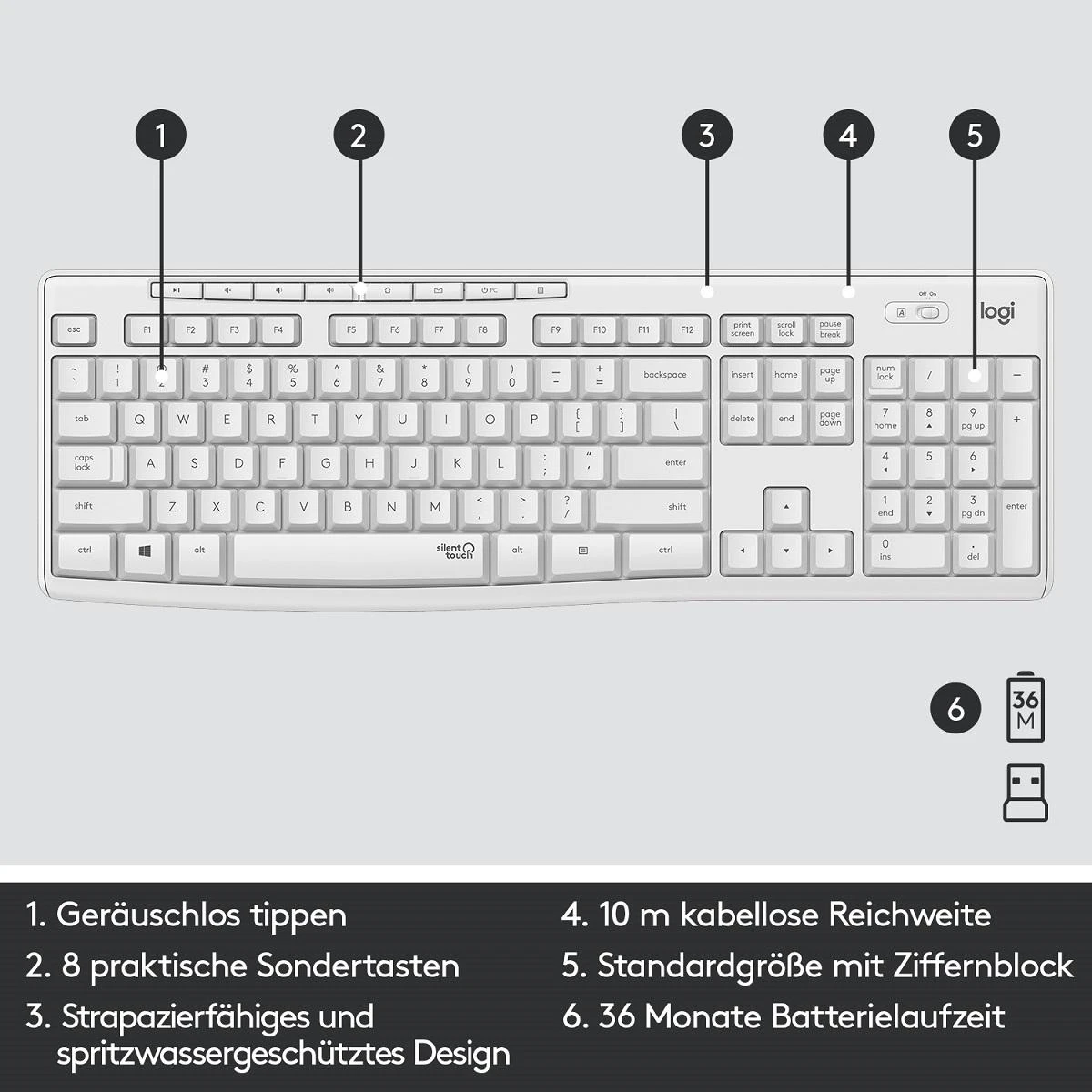 Tyli belaidė Klaviatūra su pele Logitech MK295, DE išdėstymas, Balta