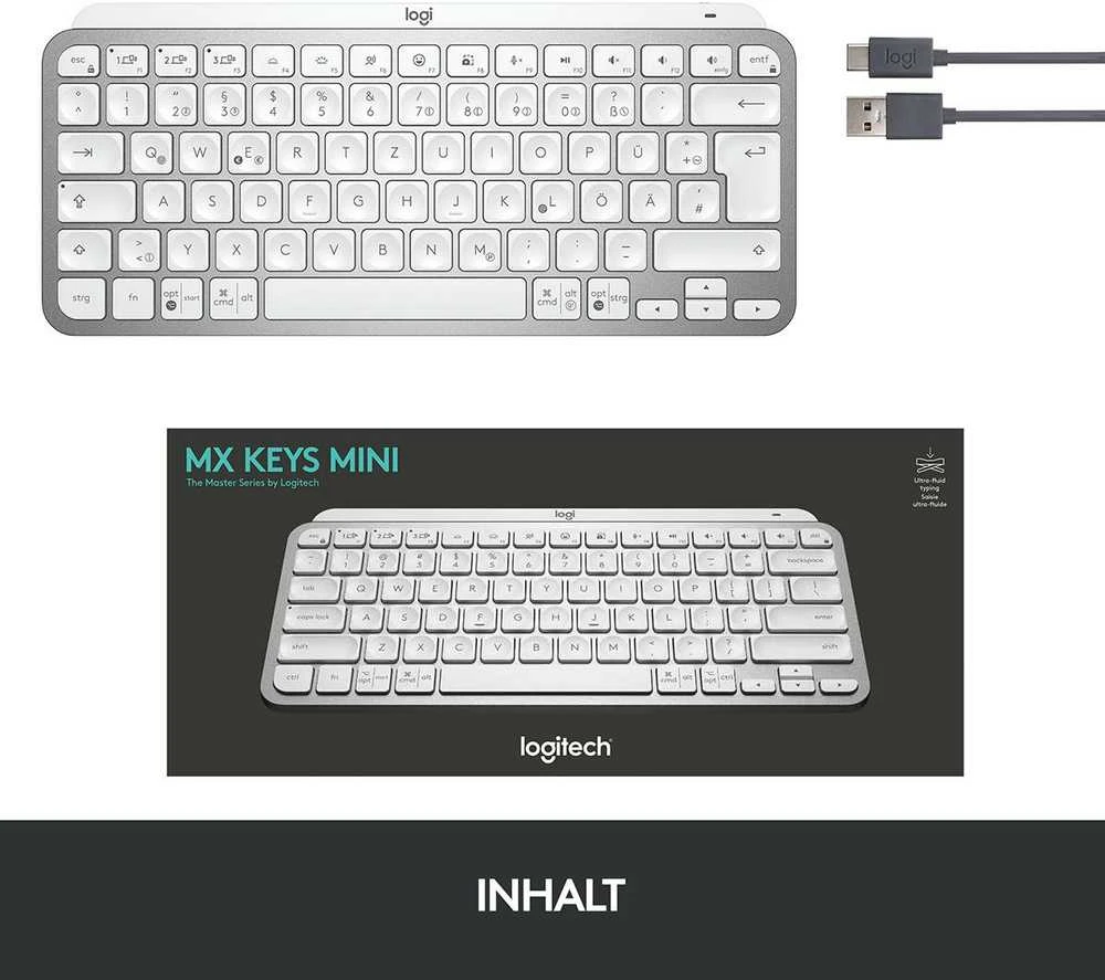 Minimalistinė Belaidė Klaviatūra su apašvietimu Logitech MX Keys Mini, Pilkos spalvos, Vokiečių (Qwertz) išdėstymas