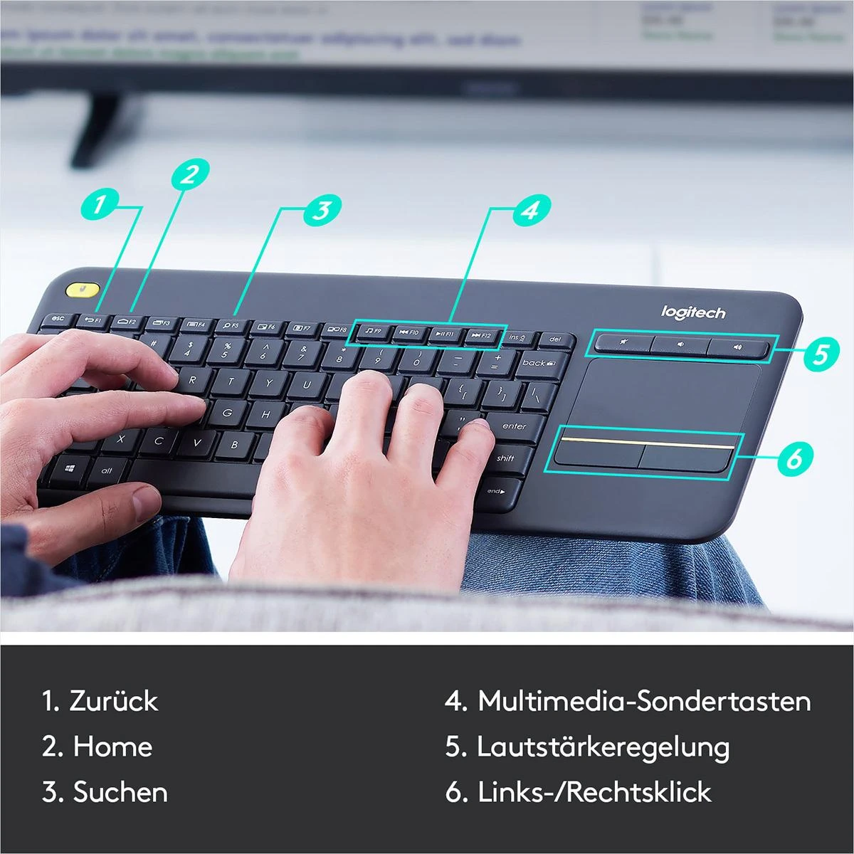 Belaidė klaviatūra Logitech K400 Plus su jutikliniu kilimėliu, DE išdėstymas, Juoda
