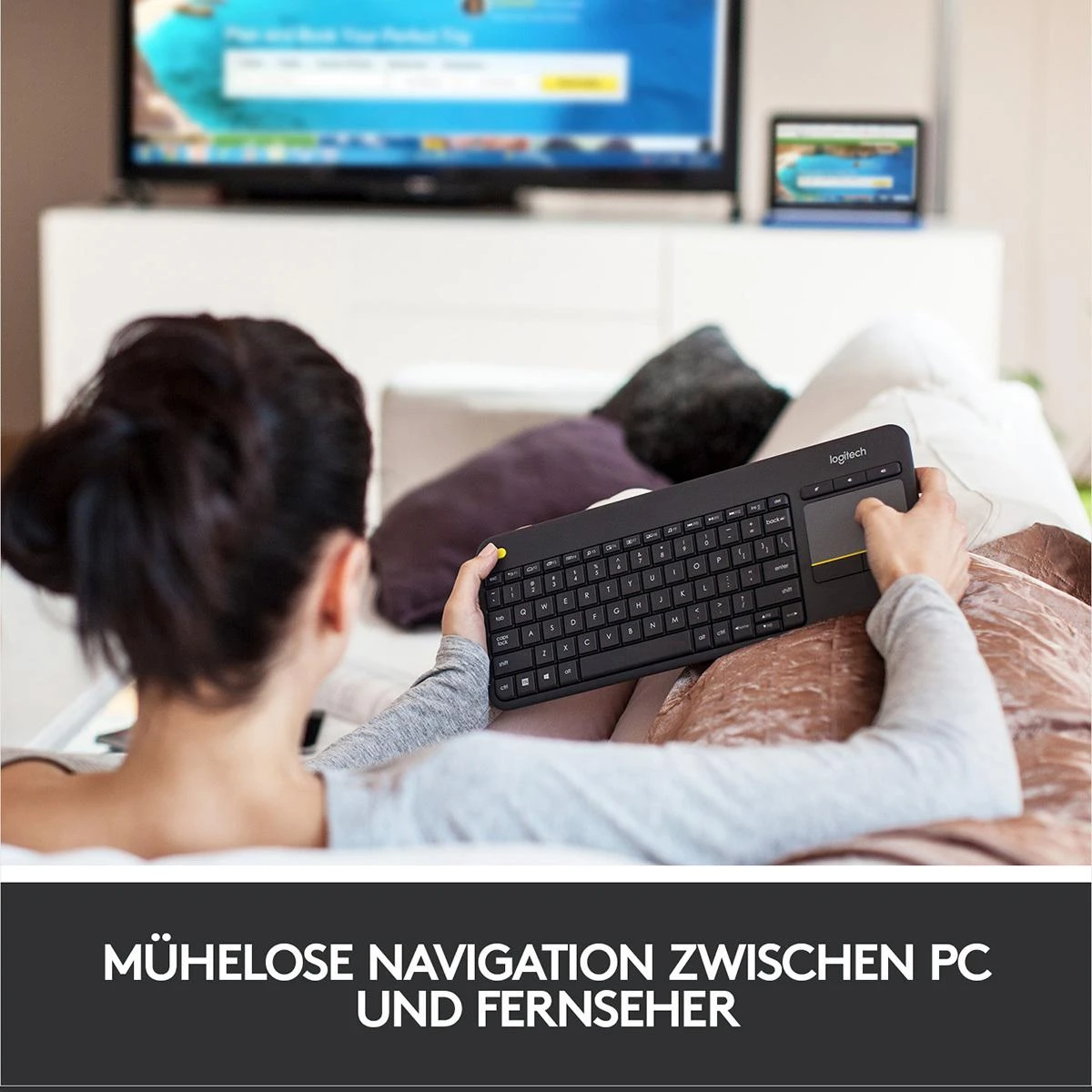 Belaidė klaviatūra Logitech K400 Plus su jutikliniu kilimėliu, DE išdėstymas, Juoda