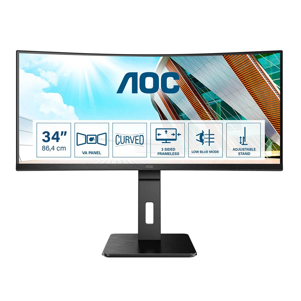 Monitorius AOC CU34P2A 34 colių VA lenktas 3440x1440 H/A 150mm 100hz FreeSync Premium ULTRAWIDE USB HOB GARSIAKARIAI DPx1 HDMIx2 VESA 100x100 PRO LINE