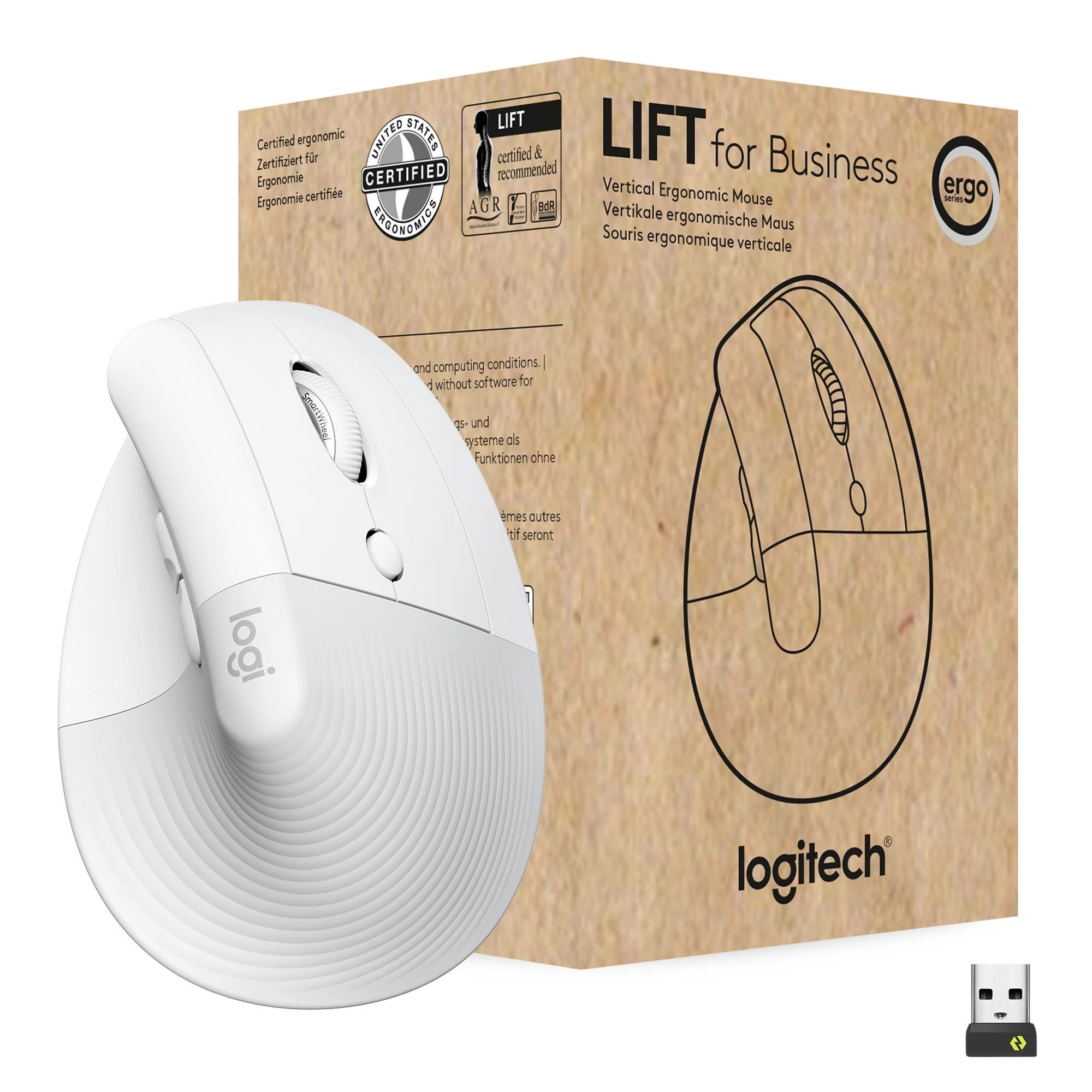 LOGITECH Lift verslui Vertikali pelė ergonomiškas 6 mygtukai belaidis Bluetooth 2.4 GHz Bolt USB imtuvas off-baltas