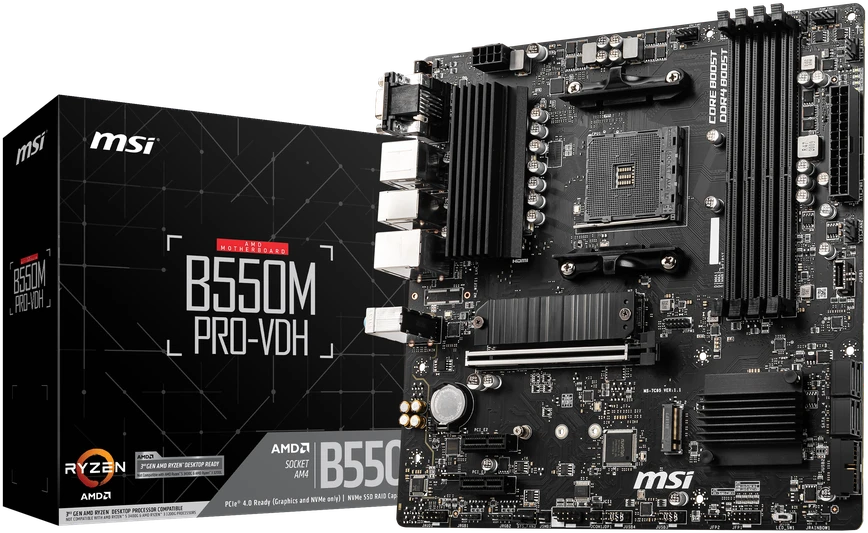 Pagrindinė plokštė MSI B550M PRO-VDH | AMD procesorių šeima | Procesoriaus lizdas AM4 | DDR4 | Atminties lizdai 4 | SATA jungčių skaičius 4 | Lustų rinkinys AMD B | Mikro ATX