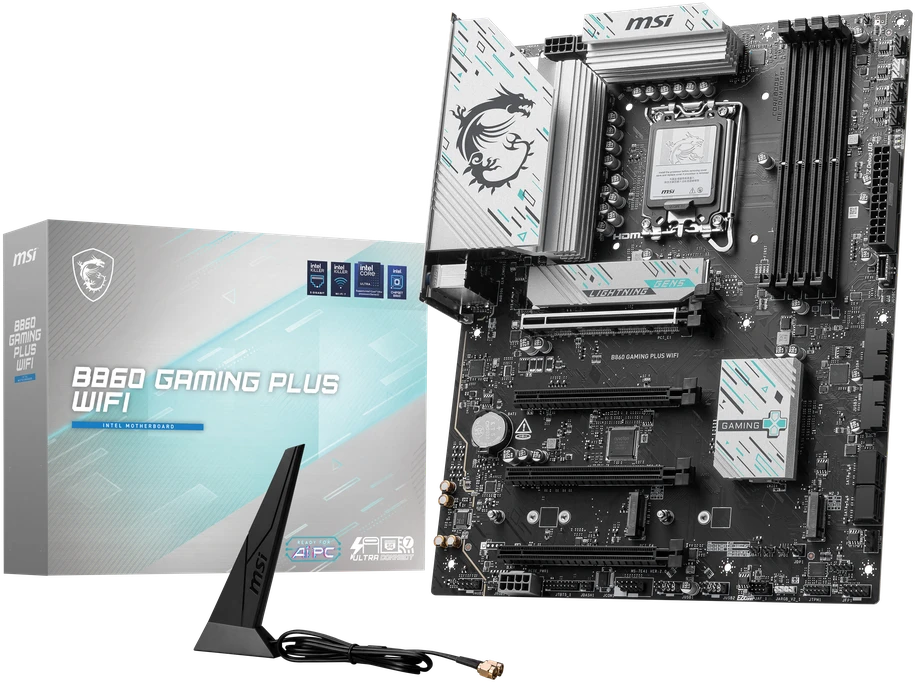 Pagrindinė plokštė MSI B860 GAMING PLUS WIFI | Procesorių šeima Intel | Procesoriaus lizdas LGA1851 | DDR5 | Palaikomos standžiojo disko sąsajos SATA, M.2 | SATA jungčių skaičius 4