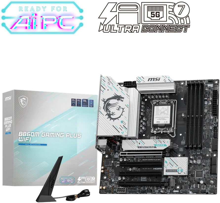MSI B860M GAMING PLUS WIFI | Procesorių šeima Intel | Procesoriaus lizdas LGA1851 | DDR5 | Palaikomos standžiojo disko sąsajos SATA, M.2 | SATA jungčių skaičius 4