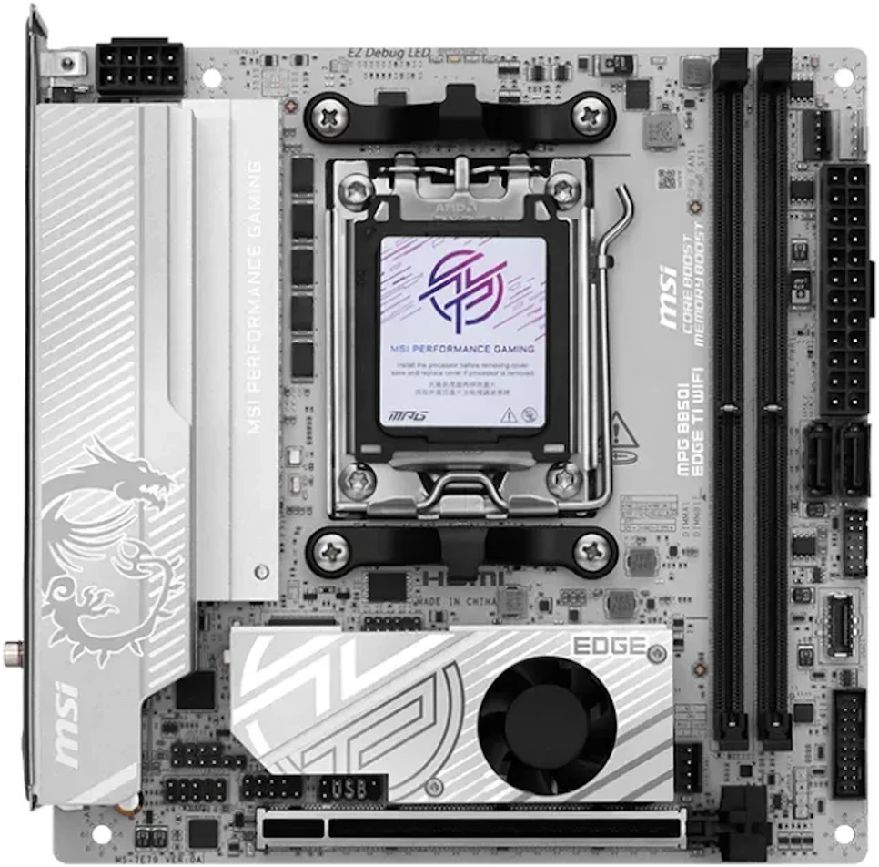 Pagrindinė plokštė MSI MPG B850I EDGE TI WIFI | Procesorių šeima AMD B850 | Procesoriaus lizdas AM5 | DDR5 | Palaikomos standžiojo disko sąsajos SATA, M.2 | SATA jungčių skaičius 2