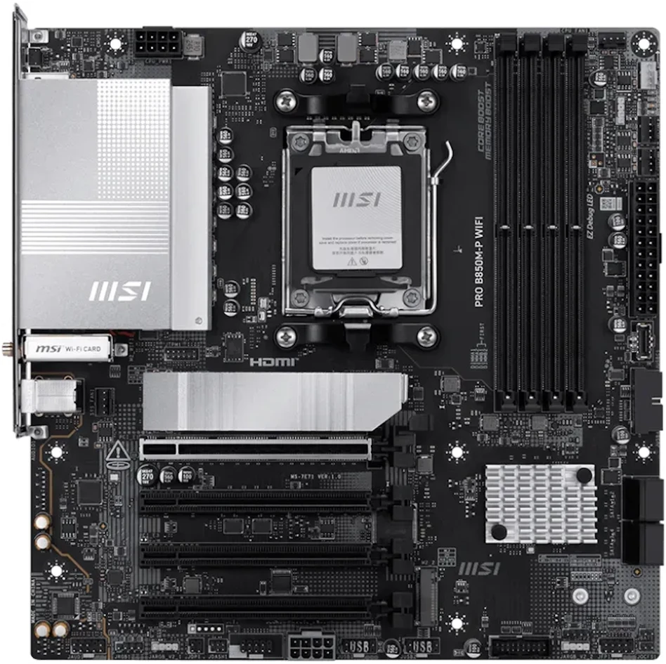 Pagrindinė plokštė MSI PRO B850M-P WIFI | Procesorių šeima AMD B850 | Procesoriaus lizdas AM5 | DDR5 | Palaikomos standžiojo disko sąsajos SATA, M.2 | SATA jungčių skaičius 4