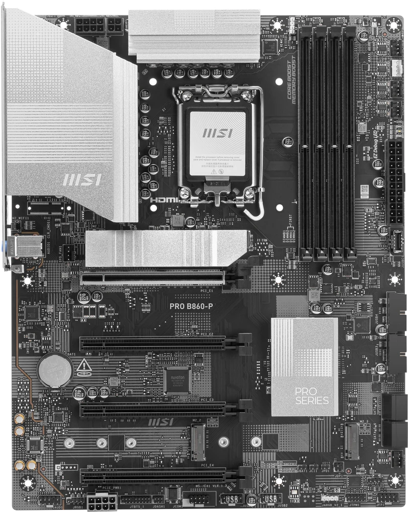 Pagrindinė plokštė MSI PRO B860-P | Procesorių šeima Intel | Procesoriaus lizdas LGA1851 | DDR5 | Palaikomos standžiojo disko sąsajos SATA, M.2 | SATA jungčių skaičius 4