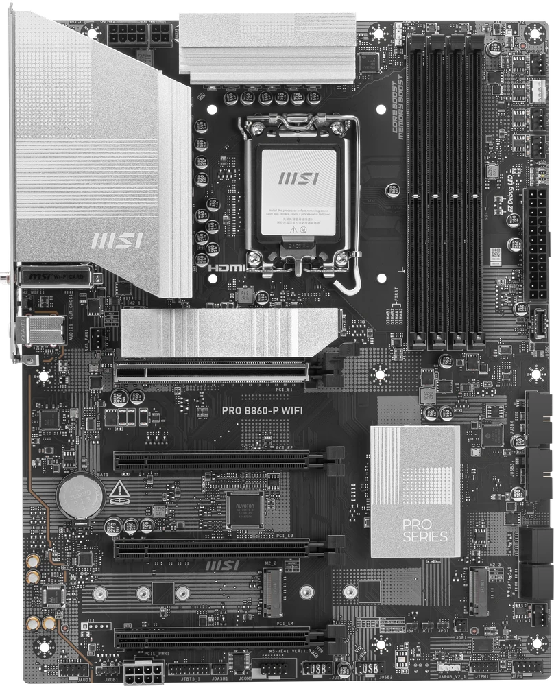 Pagrindinė plokštė MSI PRO B860-P WIFI | Procesorių šeima Intel | Procesoriaus lizdas LGA1851 | DDR5 | Palaikomos standžiojo disko sąsajos SATA, M.2 | SATA jungčių skaičius 4
