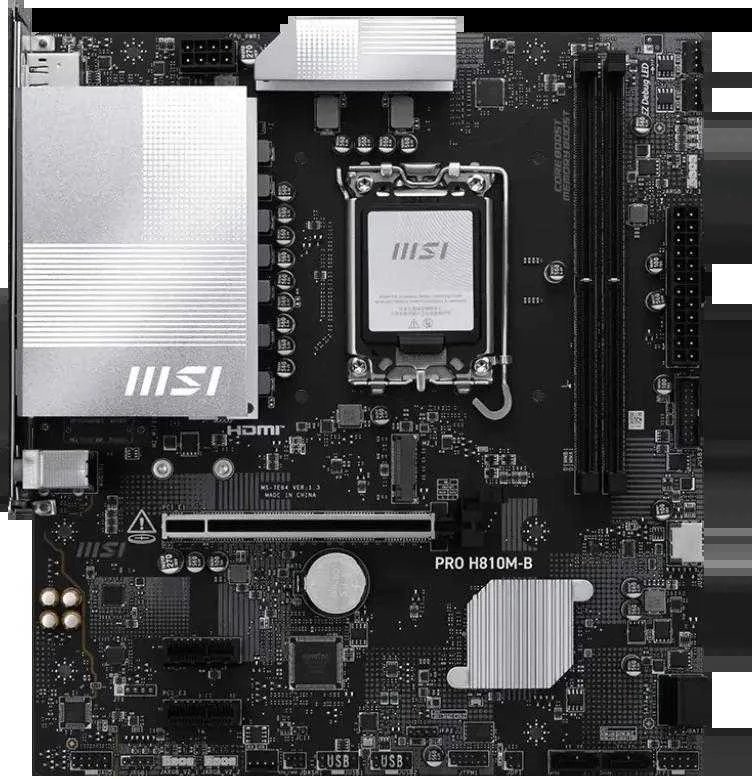 Pagrindinė plokštė MSI PRO H810M-B | Procesoriaus šeima Intel H810 | Procesoriaus lizdas LGA1851 | DDR5 | Palaikomos standžiojo disko sąsajos SATA, M.2 | SATA jungčių skaičius 4